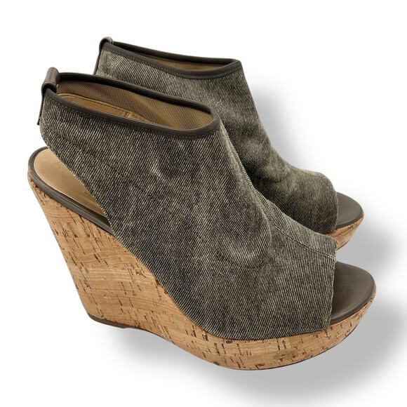 Stuart Weitzman Glove Tan Stretch Wedge Slingback Sandal Size 8M Cork Peep Toe - Picture 1 of 12